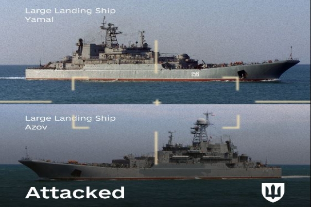 Ukrainians Target Two Russian Black Sea Fleet Landing Ships in Crimea