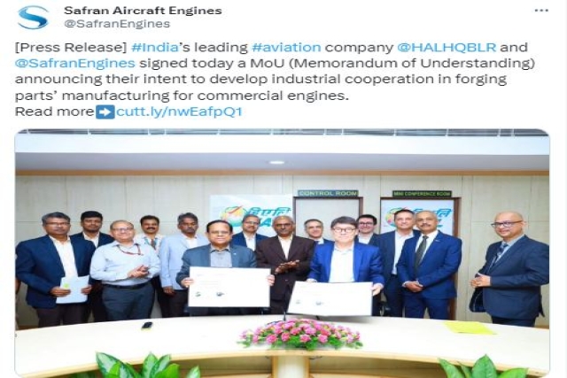 France’s Safran, India’s HAL Sign MoU on Commercial Engine Parts Production