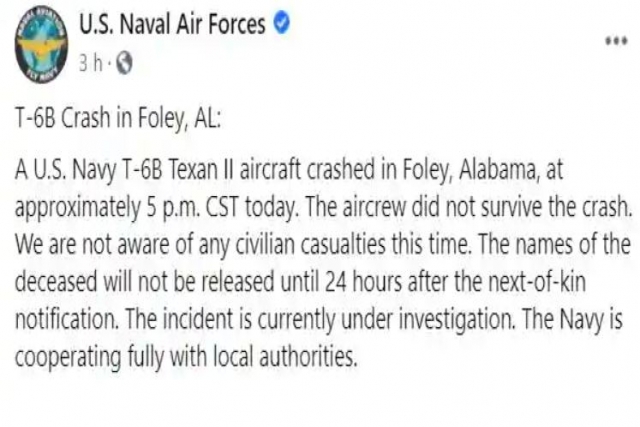 US Navy T-6B Texan II Aircraft Crashes, 2 Dead