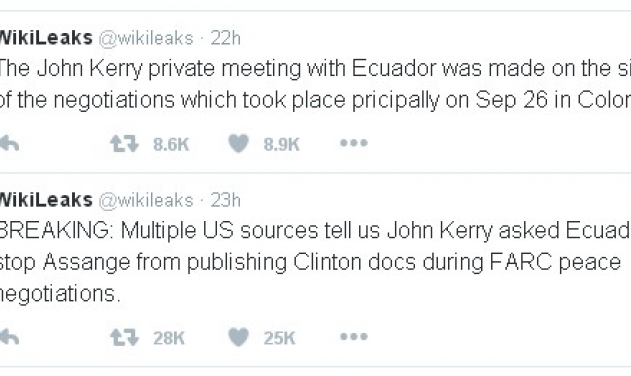 US Secretry Of State Appeals Ecuador To Restrain Assange From Releasing Clinton Documents-WikiLeaks