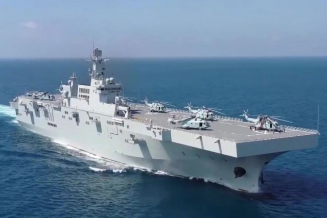China's First Type 075 Amphibious Assault Ship Stages Helicopter Drill